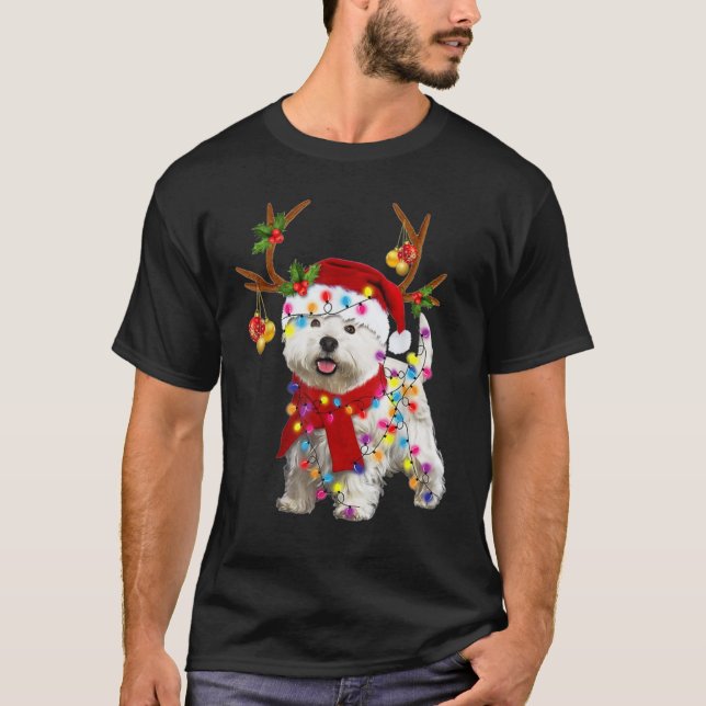 T-shirt Chien blanc de Père Noël ravissant renne Noël lége (Devant)