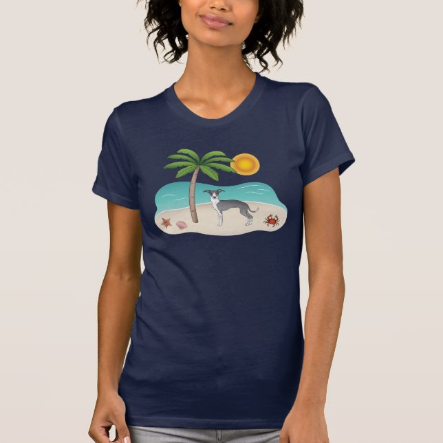 T-shirt Chien Blanc Et Bleu À L'Iggy Sur Une Plage Tropica (Devant)
