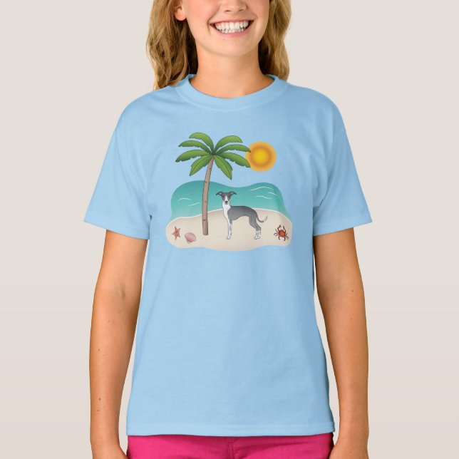 T-shirt Chien Blanc Et Bleu À L'Iggy Sur Une Plage Tropica (Devant)