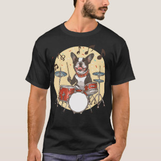 T-shirt Chien Boston Terrier Jouant De La Batterie Musicie