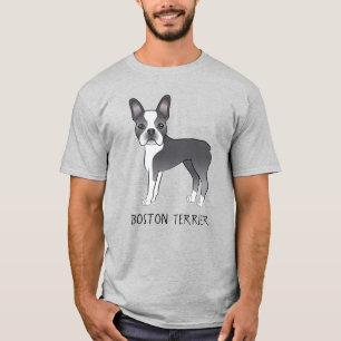 T-shirt Chien Boston Terrier Mignon Bleu Et Blanc Avec Tex