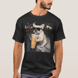 T-shirt Chien Bouledogue Français Drôle Buvant du Café Gla