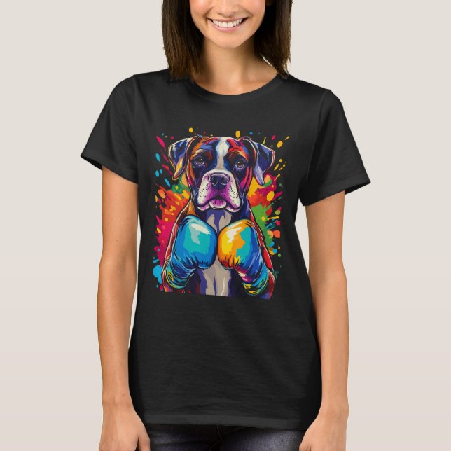 T-shirt Chien Boxer Avec Gants De Boxe Éclaboussure De Cou (Devant)