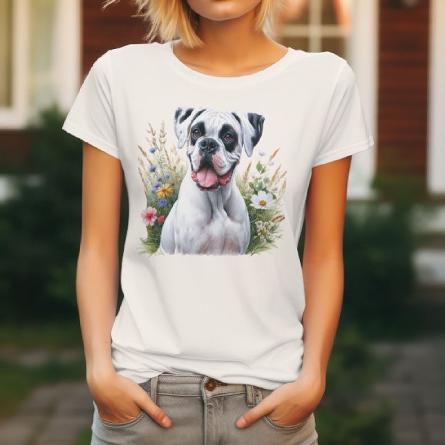 T-shirt Chien Boxer Blanc Parmi les Fleurs (Créateur téléchargé)