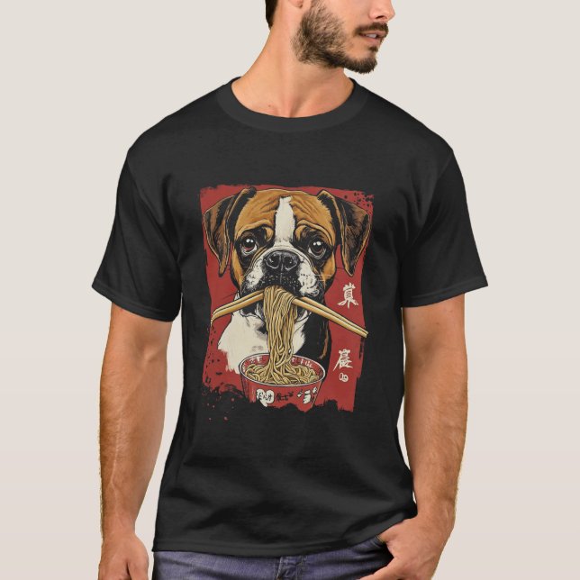 T-shirt Chien Boxer Mangeant du Ramen (Devant)