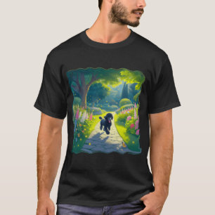 T-shirt Chien Caniche Noir Magnifique Courant Dans Un Jard