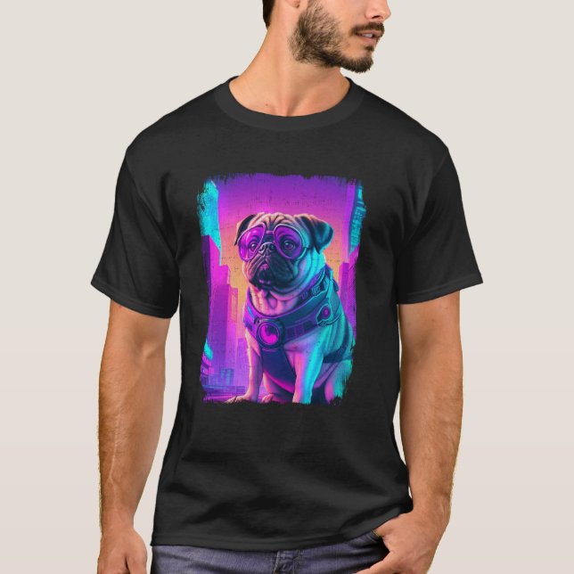 T-shirt Chien Carlin Cyber Vaporwave 80's Synthwave Retrow (Devant)