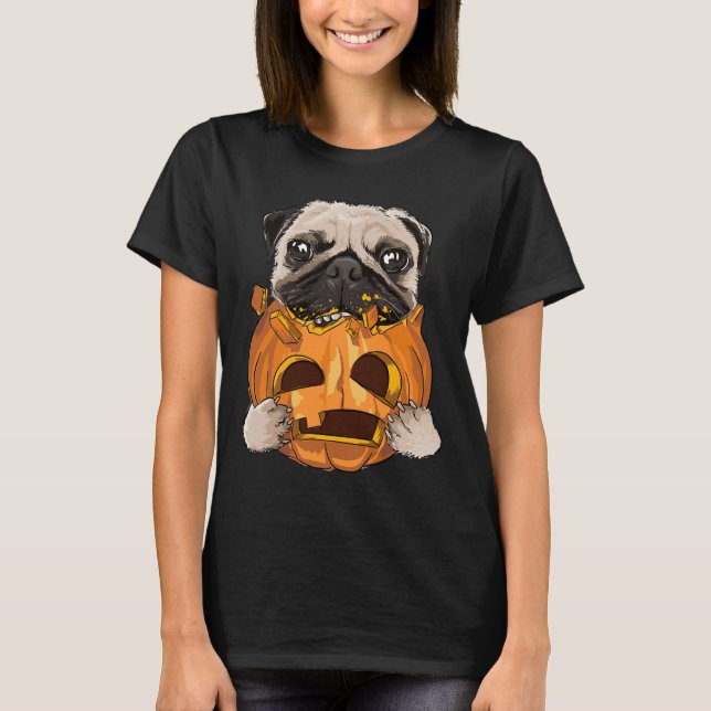 T-shirt chien carlin drôle mangeant citrouille 554 (Devant)