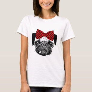 T-shirt Chien Carlin femme rouge Checkers Bow Animaux de c