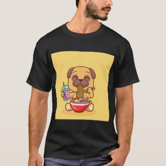 T-shirt Chien Carlin Mignon Mangeant des Ramen et Buvant d
