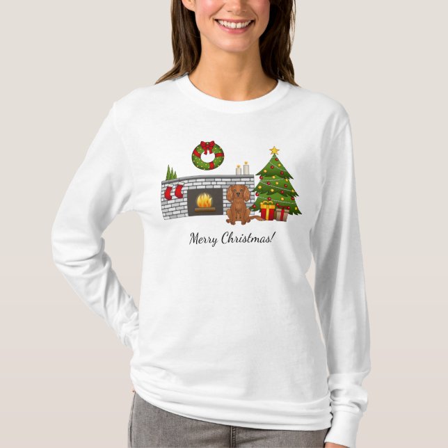 T-shirt Chien Cavalier Ruby dans une salle de Noël festive (Devant)