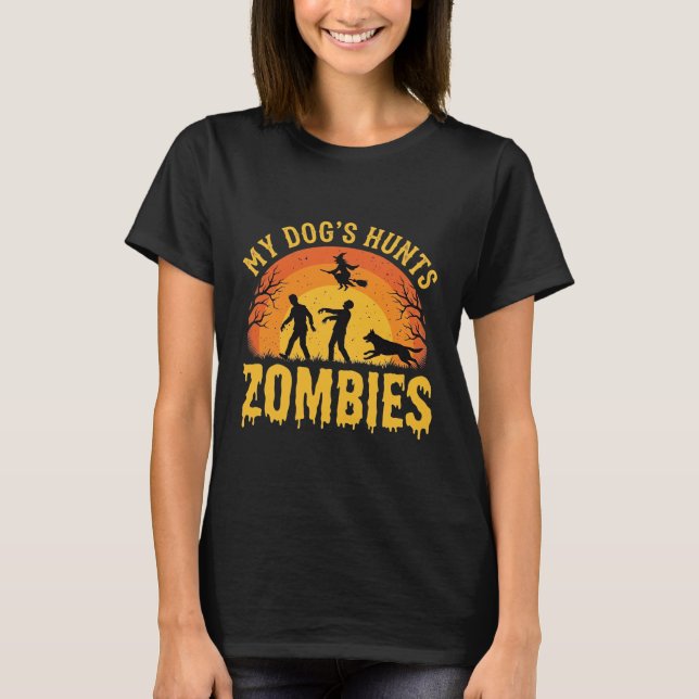 T-shirt Chien Chasse Les Zombies Design Halloween (Devant)