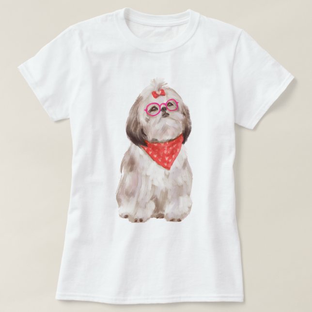 T-shirt Chien chih tzu chiot peint à la main (Design devant)