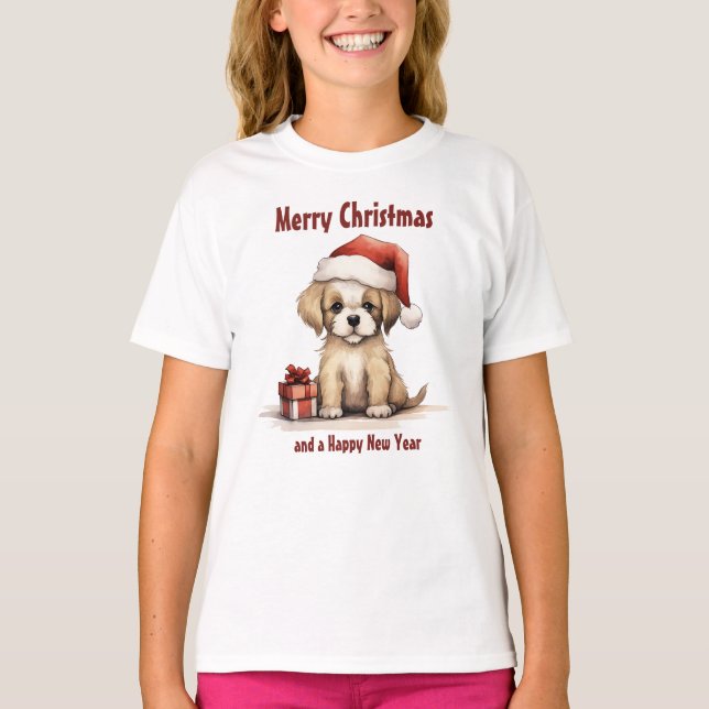 T-shirt Chien chiot mignon portant un chapeau de Père Noël (Devant)