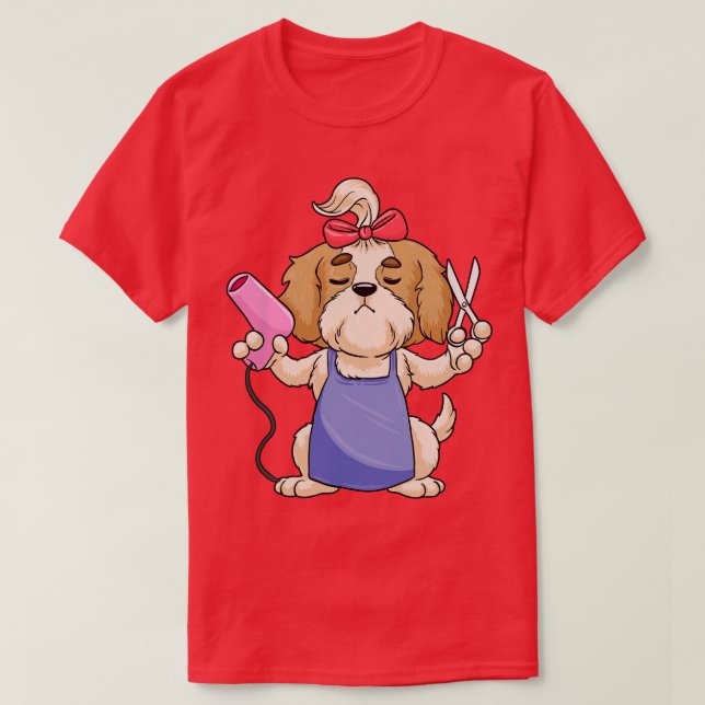 T-shirt Chien comme coiffeur avec ciseaux et sèche-cheveux (Design devant)