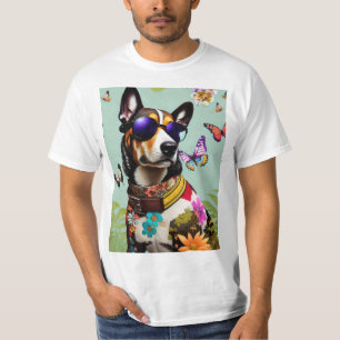 T-shirt Chien Cool Avec Des Lunettes De Soleil Et Des Fleu