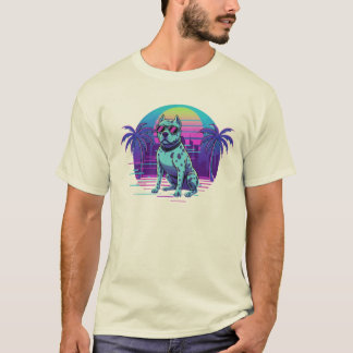 T-Shirt Chien Cool Rétro Synthwave 80s avec Lunett