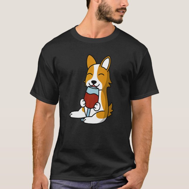 T-shirt Chien Corgi Buvant du Vin   (Devant)