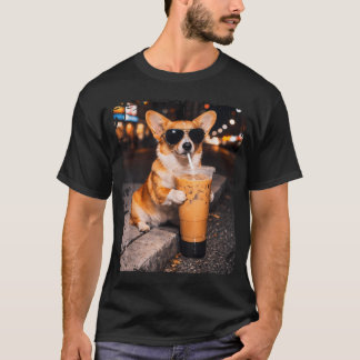 T-shirt Chien Corgi Buvant un Café Glacé Animal Drôle