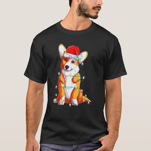 T-shirt Chien Corgi Éclairage de Noël Santa Corgi Noël (Devant)