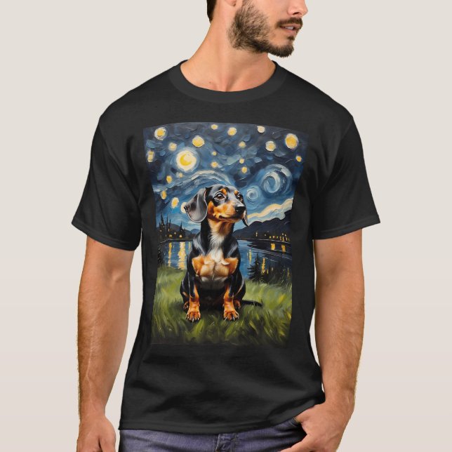 T-shirt Chien Dachshund Starry Night, Edvard Munch style (Devant)