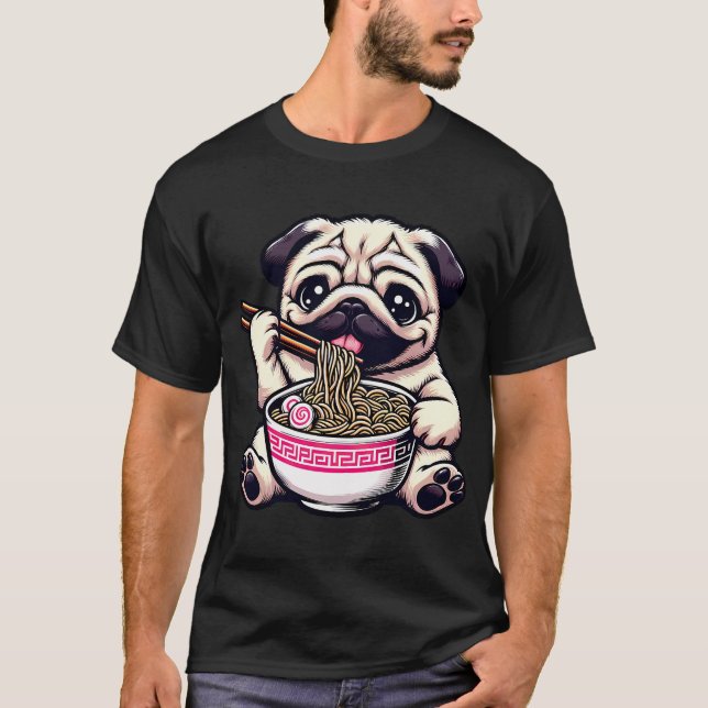 T-shirt Chien d'anime Pug mangeant des nouilles Ramen (Devant)