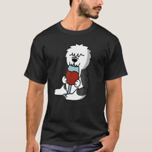 T-shirt Chien de berger anglais ancien buvant du vin Chien