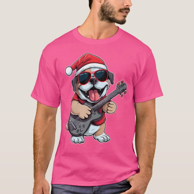 T-shirt Chien de boîte Jouer Guitare Santa Hat Xmas Chien  (Devant)