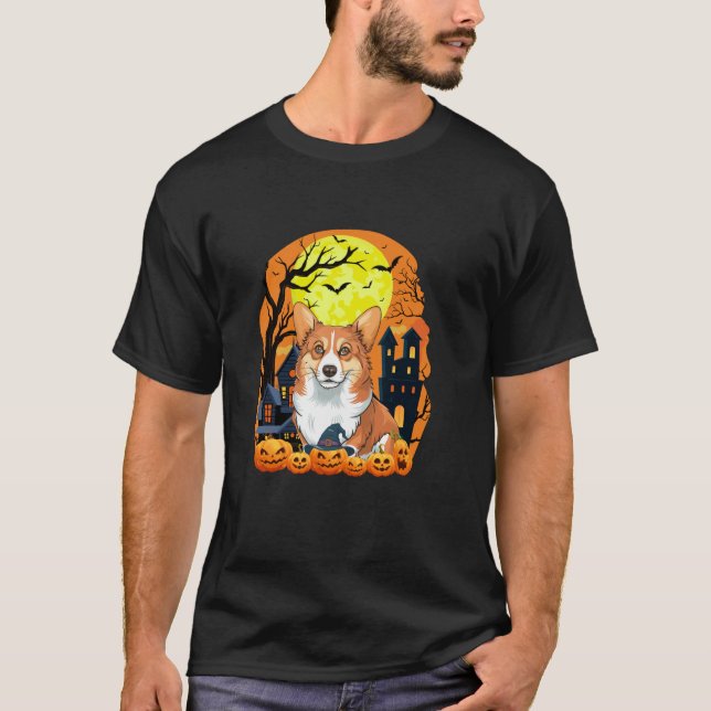 T-shirt Chien de Corgi avec Citrouille drôle d'effroi Hall (Devant)
