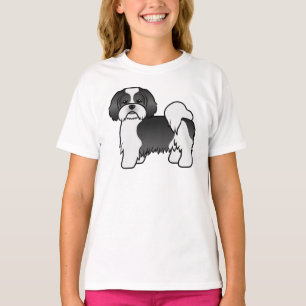 T-shirt Chien de dessin animé mignon Lhasa Apso noir et bl