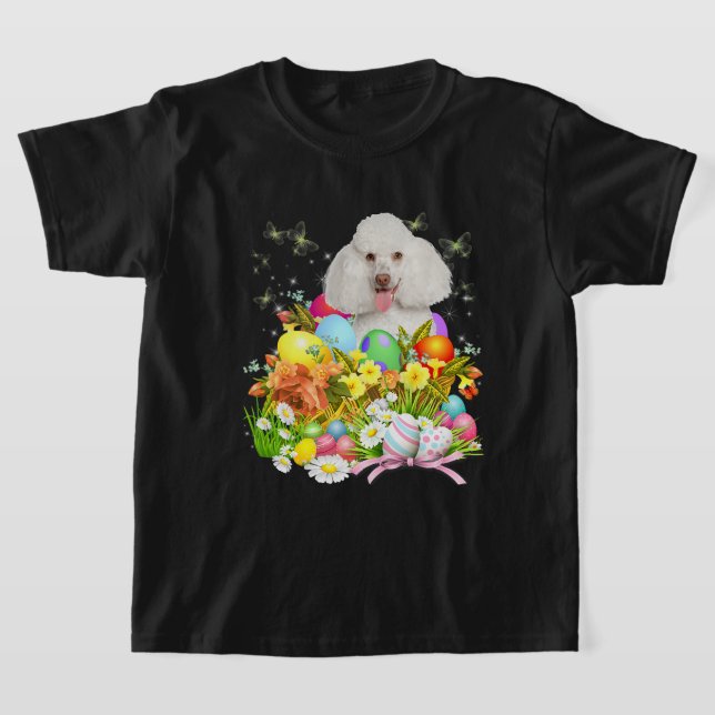 T-shirt Chien de lapin de caniche blanc avec oeufs de Pâqu (Poser)
