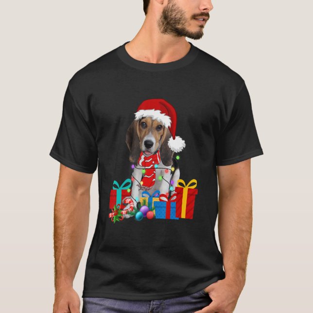 T-shirt Chien de Noël Beagle Jeu de Noël Lumières Santa Ha (Devant)