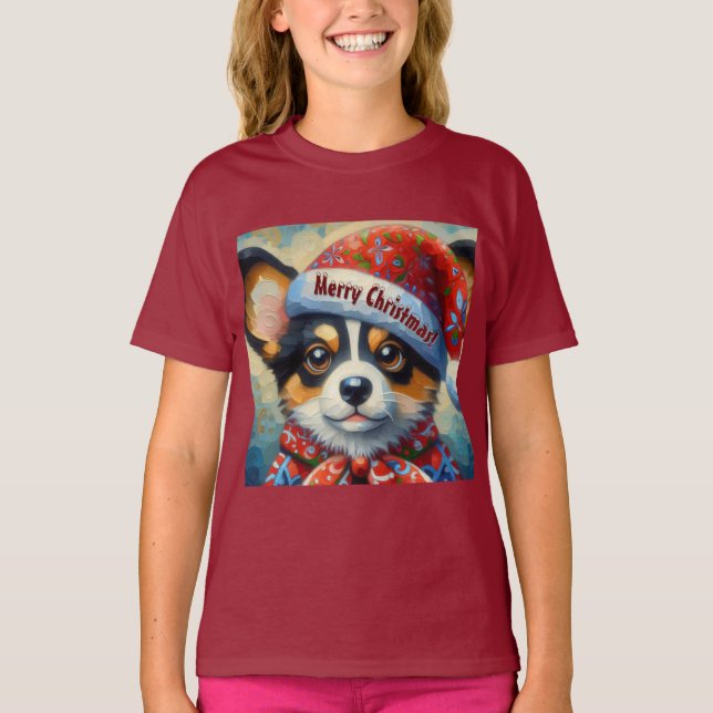 T-shirt Chien de Noël Chien Chien Chien Puppy avec Santa H (Devant)