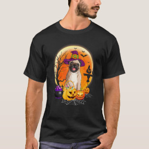 T-shirt Chien de pug Halloween Lune avec citrouille Femmes