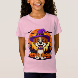 T-Shirt Chien de sorcière mignon Scène de Halloween avec c