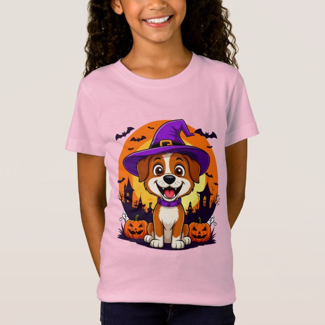 T-Shirt Chien de sorcière mignon Scène de Halloween avec c (Devant)