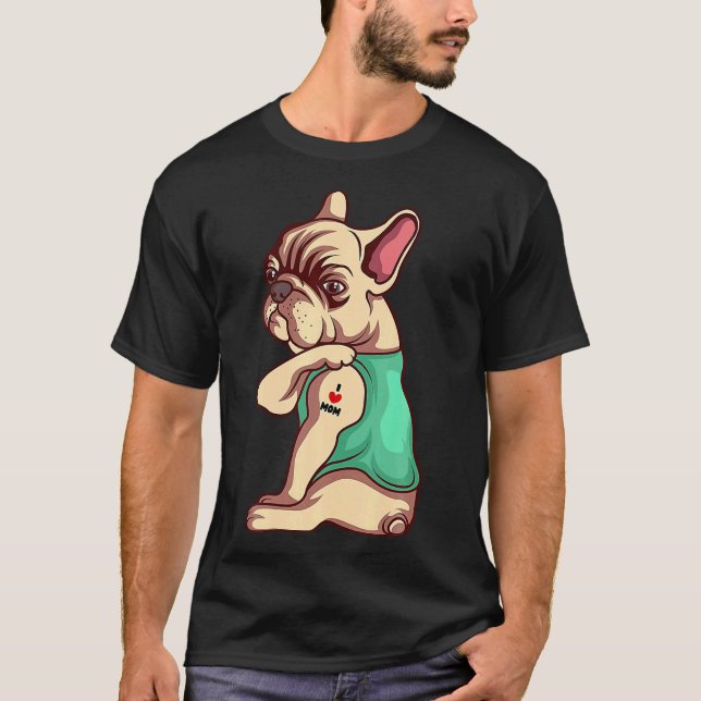 T-shirt Chien de taureau français J'aime maman tatouage (Devant)