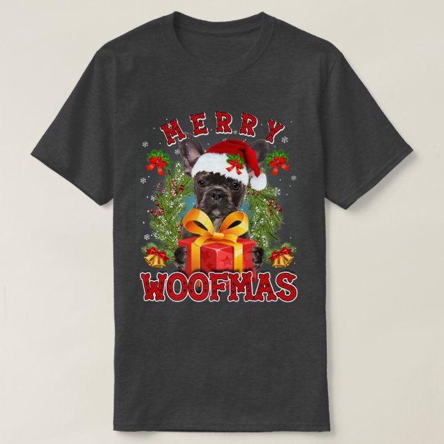 T-shirt Chien de taureau français Joyeux Noël Woofmas Lumi (Design devant)