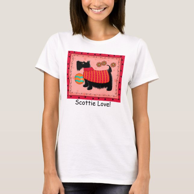 T-shirt Chien de Terrier noir Corail rouge Custom Scottie  (Devant)
