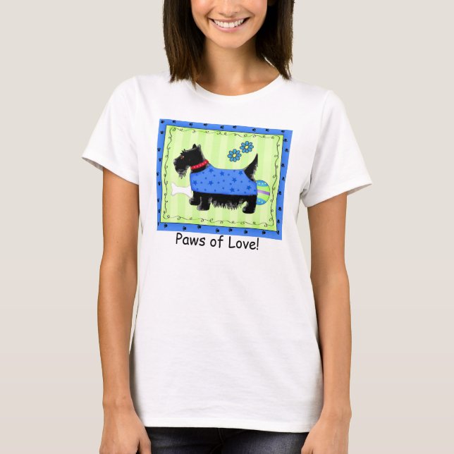 T-shirt Chien de Terrier noir vert bleu écossais Love Paw (Devant)