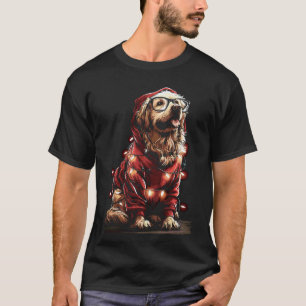T-shirt Chien d'or Noël en Lunettes Chapeau de Père Noël F