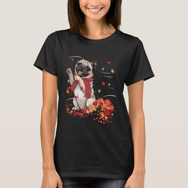 T-shirt Chien drôle de Pug d'automne écharpe Chiens Feuill (Devant)
