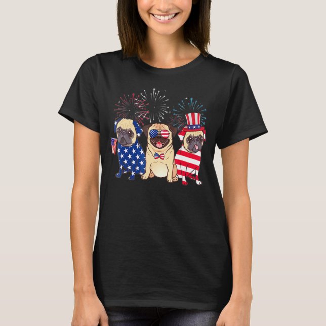 T-shirt Chien du 4 juillet Trois chiens carlin Drapeau amé (Devant)