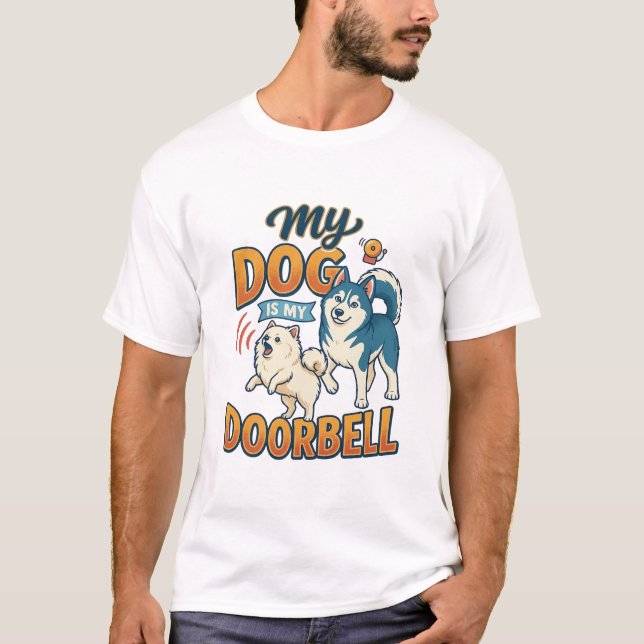 T-shirt Chien Est Sonnette Aboie Blanc Bleu_1 (Devant)