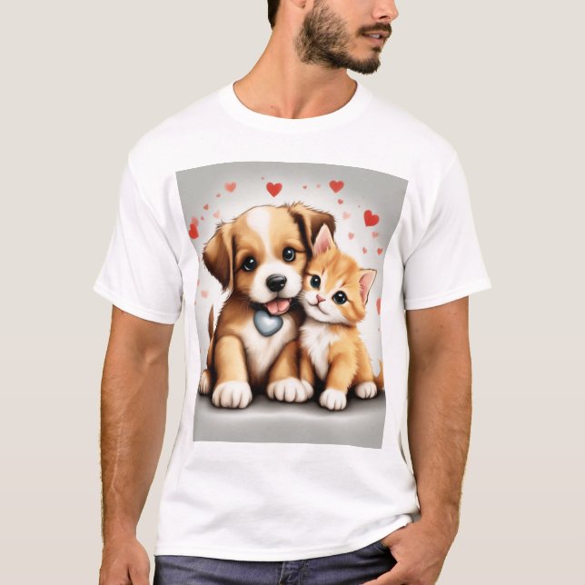T-shirt Chien Et Chat Mignons En Amour (Devant)