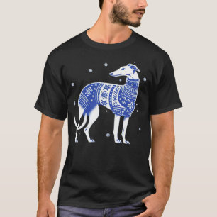 T-shirt Chien Gréhound de Noël portant un pull moche bleu