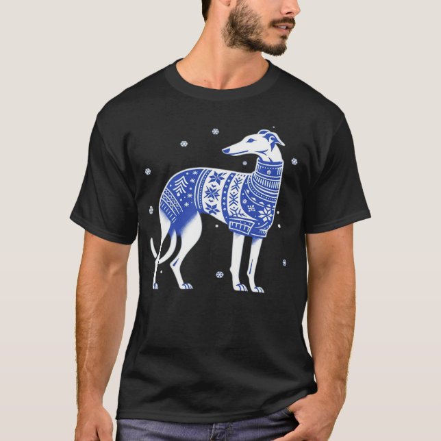 T-shirt Chien Gréhound de Noël portant un pull moche bleu  (Devant)