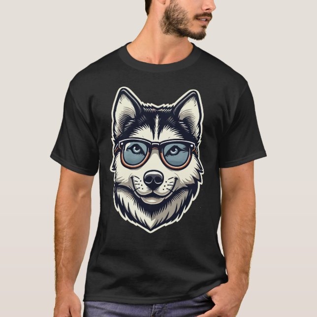 T-shirt Chien Husky Avec Lunettes Style Pop Art (Devant)