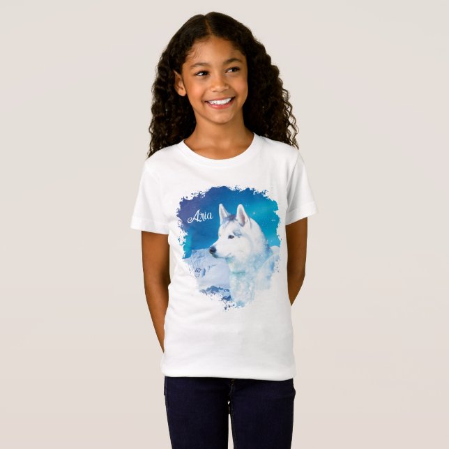 T-Shirt Chien Husky avec montagnes et aurores boréales (Devant entier)