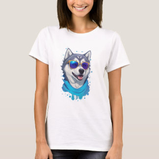 T-shirt Chien Husky Portant du verre soleil dans la lueur